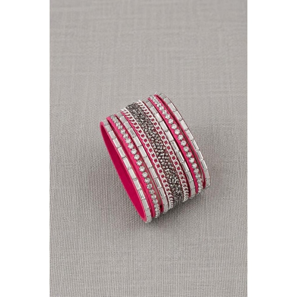 Hot Pink Multi Strand Rhinestone Cuff Bracelet Silver Tone Crystal Wrap Wide